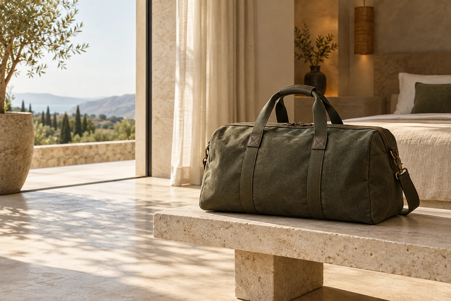 Olive weekender duffel resting on a pale stone bench in a sunlit travel setting