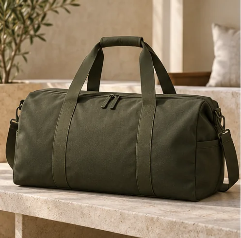 Olive Weekender Duffel in warm, neutral surroundings